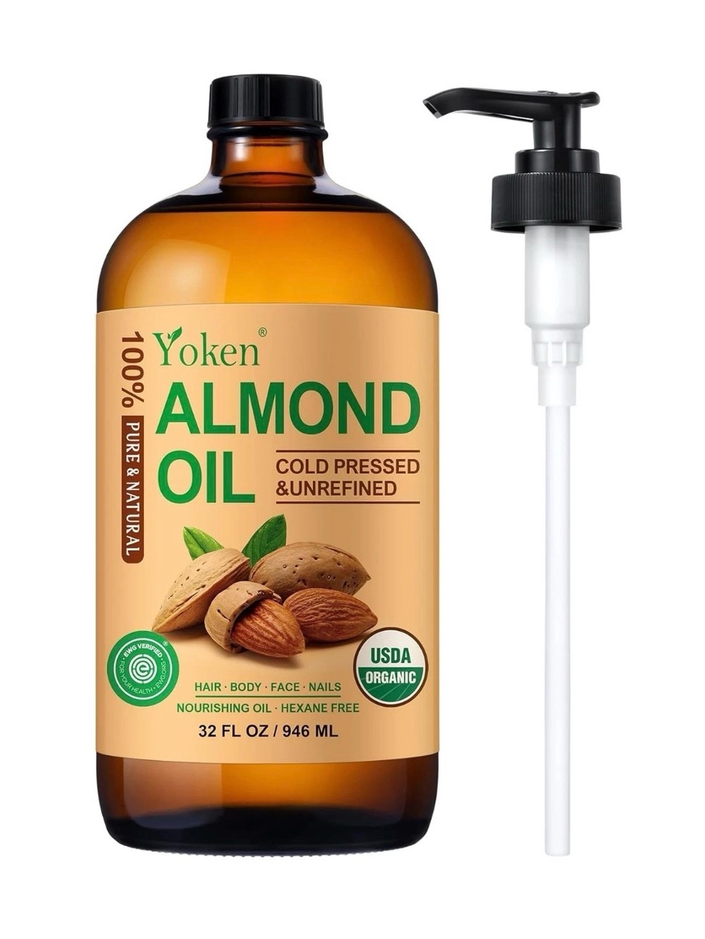 Yoken Almond Oil Cold Pressed & Unrefined 32 oz NEW Organic